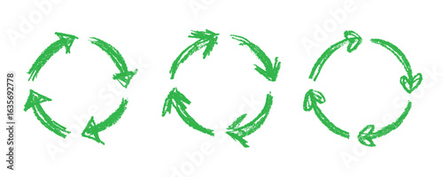 Set of hand drawn recycle arrow icon Recycling resources symbol Reuse of materials, zero waste, green environment, saving the planet