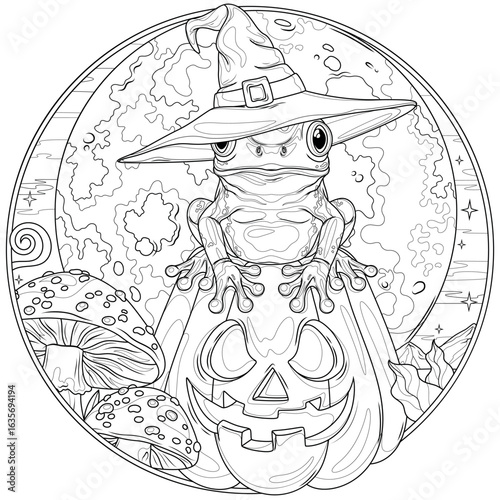 Halloween frog sitting on a pumpkin in a round frame.Coloring book antistress for children and adults. 
