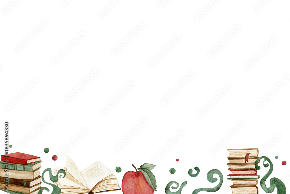 Obraz premium Watercolor seamless frame with books, apple and magic patterns of abstract shape. Illustration on educational theme in magic style.
