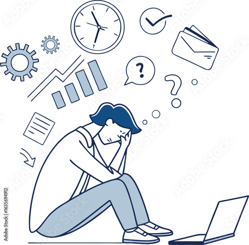 Vector illustration of a Overwhelmed man feeling work stress and mental overload from tasks