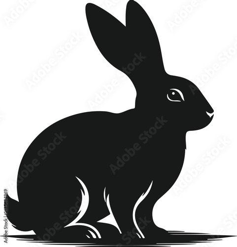 Silhouette of a black rabbit sitting on a white background