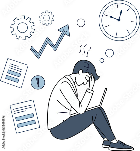 Vector illustration Man experiencing burnout and mental overload from work pressure