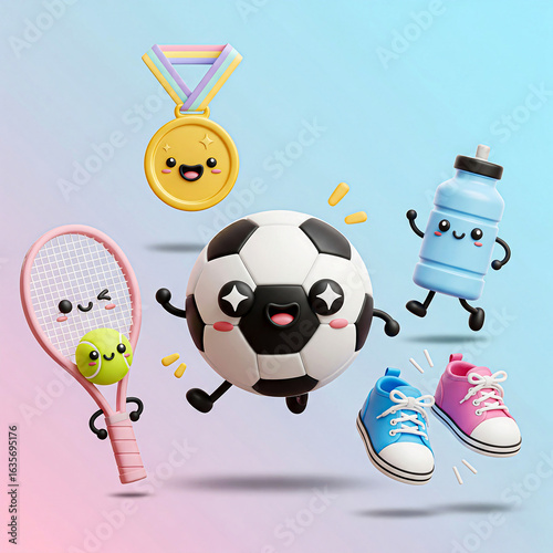Cute 3D Kawaii Sports Equipment – Soccer Ball, Racket, Shoes, Medal, and Water Bottle