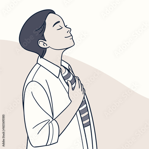 illustration of a Peaceful young man practicing self-care and gratitude with hand on heart