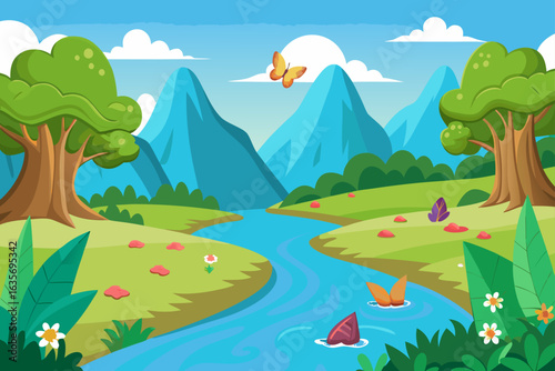 Cartoon River Background With Butterflies