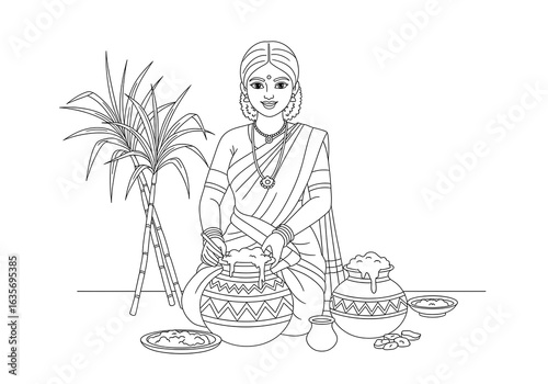 Smiling woman in traditional Indian sari preparing Pongal, line art illustration.