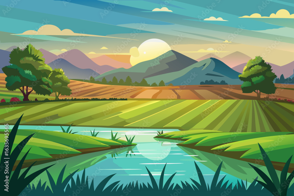 Fototapeta premium Countryside Field Background With Light Reflection