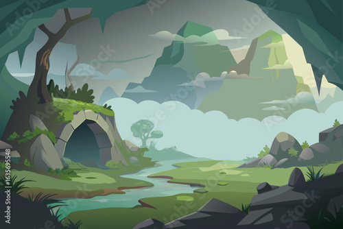 Countryside Cave Background With Fog And Mist