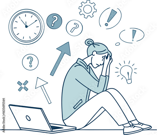 illustration Stressed woman experiencing mental overload and burnout from work