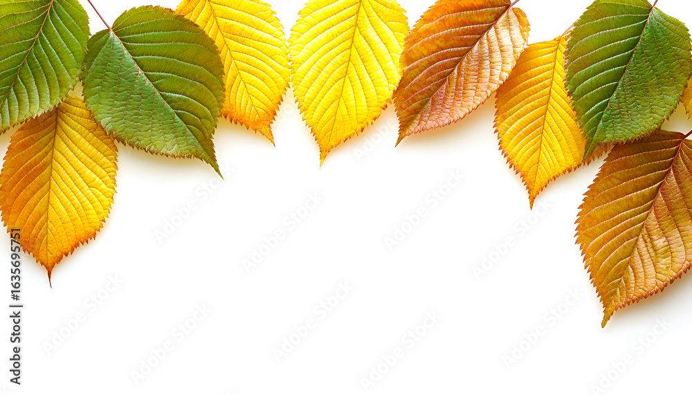 Fototapeta premium A vibrant border of colorful autumn leaves in shades of green, yellow, and orange on a white background.