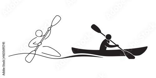 A set of kayaking sport icons featuring outline and silhouette styles. Vector illustration of a person paddling a canoe on water.