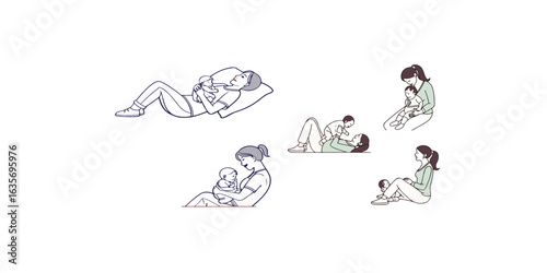 Print  breastfeeding positions, including cradle, football hold, cross-cradle, side-lying, and laid back, for nursing mothers diagram hand drawn vector illustration. Medical science educational illust