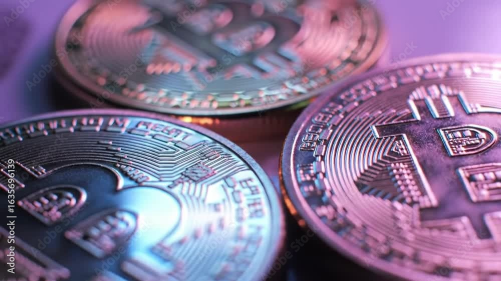 Close Up Shiny Crypto Coins With Neon Lights and Futuristic Reflections
