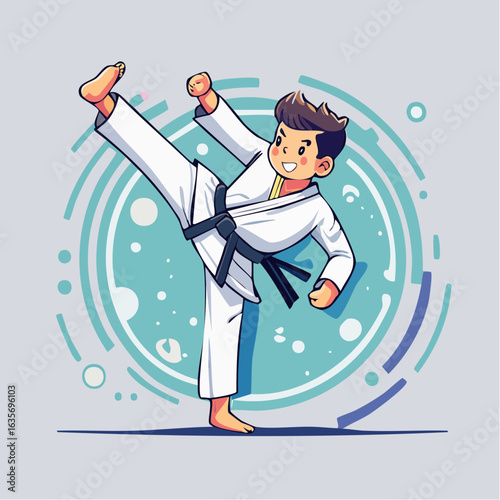 "Karate Kid in Action: High Kick Martial Arts Illustration" 