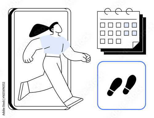 Woman stepping out of a smartphone, accompanied by a calendar and footsteps icon, emphasizing daily activity, fitness tracking, time management, goal setting, habit building, personal health