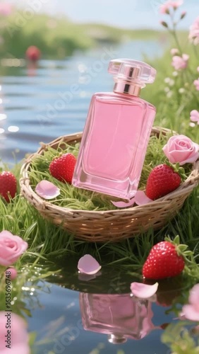 Elegant Pink Glass Perfume Bottle on Fabric Background