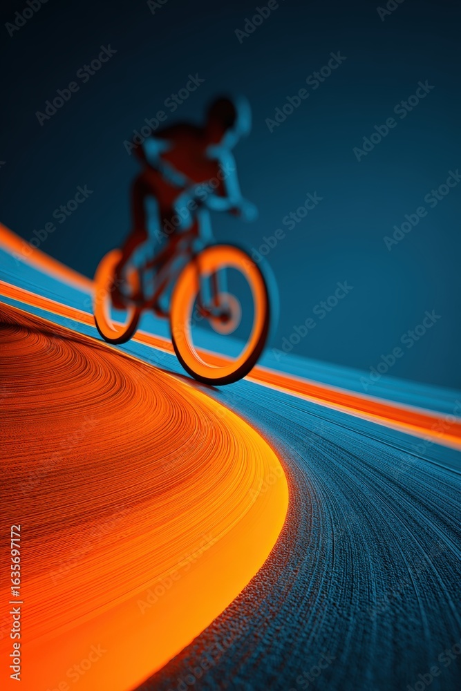 Obraz premium BMX biker showcasing speed on neon orange ramp with glowing blue effects