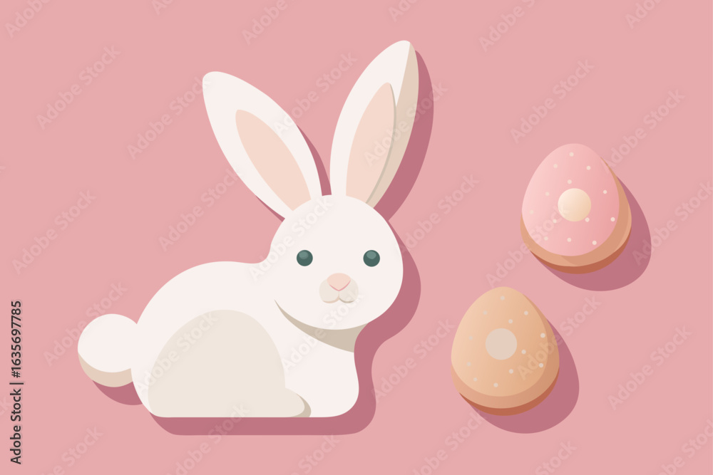 Fototapeta premium Cute white easter bunny with decorated eggs on a soft pink background with subtle shadows