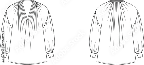 Women’s loose blouse flat sketch with pleated V-neck, balloon sleeves, button cuffs, casual style, comfortable fit, CAD drawing flat vector illustration