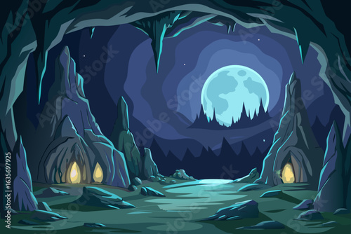 Hand Drawn Cave Background With Moonlight