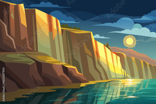 Hand Drawn Cliff Background With Light Reflections