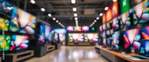 Blurred electronics store background, TVs and laptops out of focus, electronics,  digital