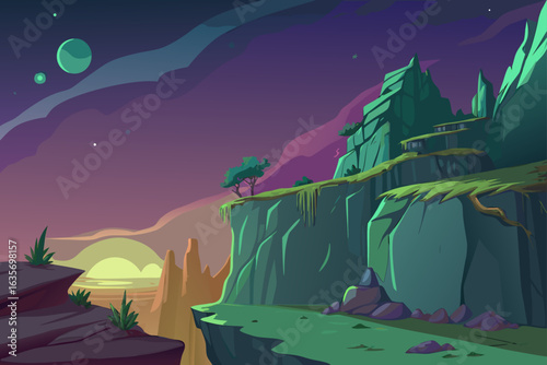 Hand Drawn Style Cliffside Background With Glowing