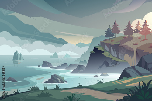 Hand Drawn Style Coastline Background With Misty Light