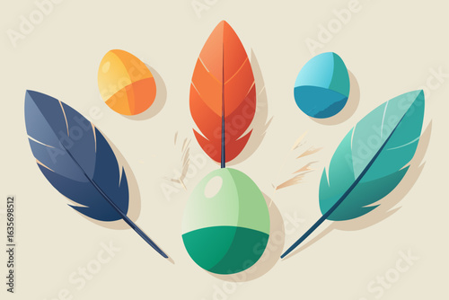 Stylized feathers and abstract eggs arranged in a pleasing composition with a neutral background
