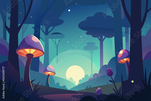 Enchanted forest at twilight with glowing mushrooms and surreal trees under a starry sky