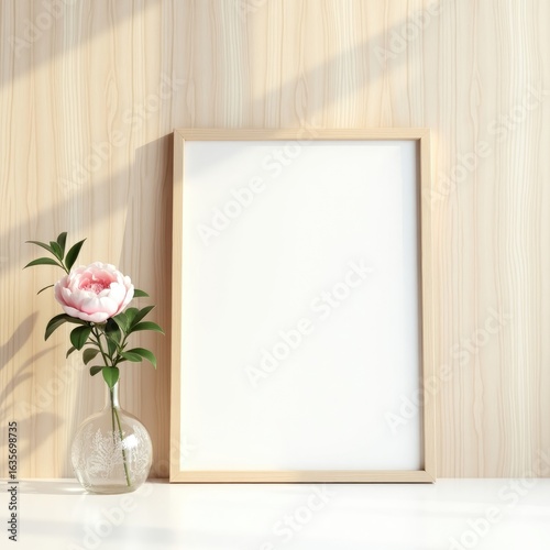 Frame mockup  a light wood frame with a white center and a pink flower in a vase next to it on a white surface
