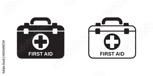 First aid kit vector icons in solid black and outline styles. Medical box symbol for emergency healthcare and safety graphics.