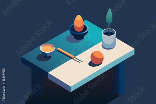 Minimalist isometric still life featuring an orange egg in a bowl a plant in a pot and a bowl of liquid on a table