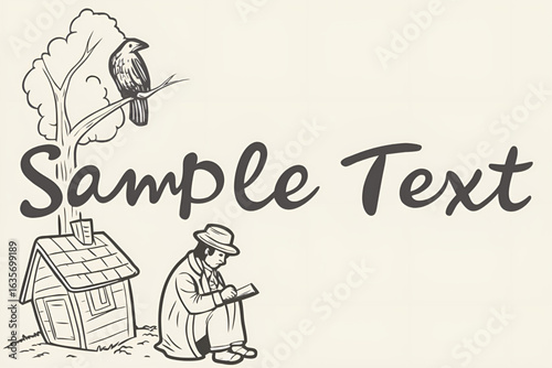 Vintage vector illustration of a man reading a book. Old-fashioned engraving style drawing with a crow and house. Solitude, literature, and mysterious storytelling concept.