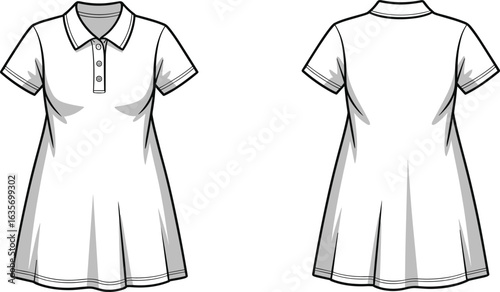 Women’s polo dress flat sketch front and back view, short sleeve collared shirt dress, button placket, A-line silhouette CAD drawing