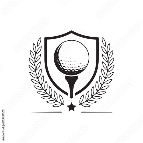 Modern Golf Logo Vector Template, Vintage golf crest emblem with a ball on a tee, framed by a shield and laurel wreath for a club or championship.