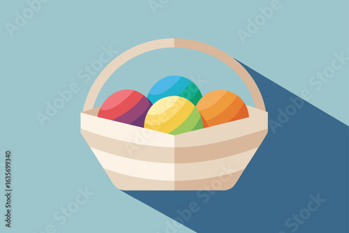 A basket filled with colorful striped easter eggs casting a long shadow against a blue background
