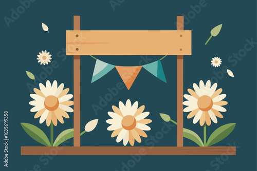 Charming wooden frame adorned with festive bunting and cheerful daisies against a deep teal background