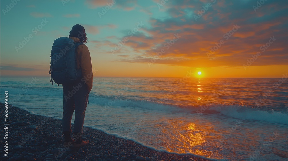 Fototapeta premium Traveler standing on the beach watching the sun set travel concept