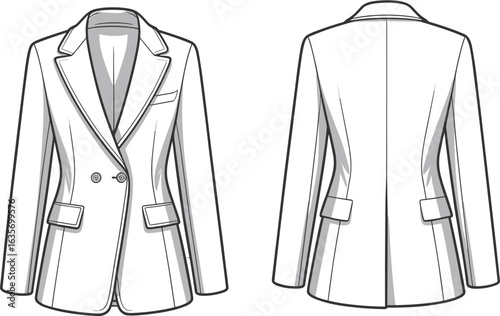 Women’s single-breasted blazer jacket fashion flat sketch with notched lapel and flap pockets, front and back CAD vector