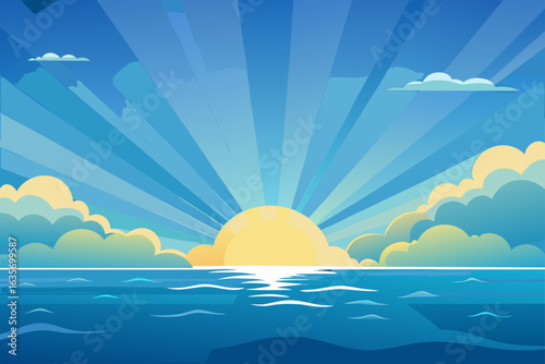 Ocean Sky Background With Sunrays And Clouds