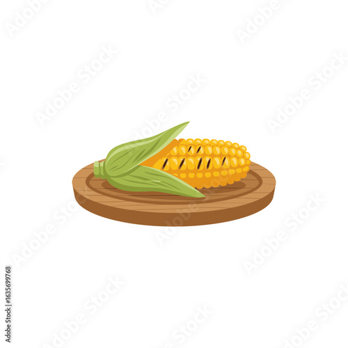 Colorful grilled corn on wooden plate icon for summer barbecue with no white color
