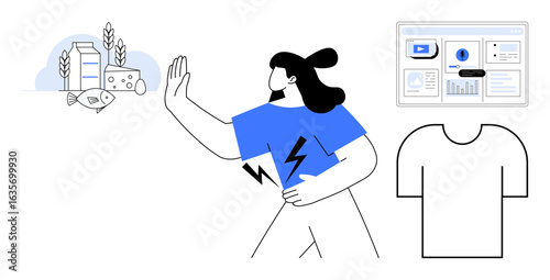 Woman holding her stomach, extending hand to avoid food thumbs up fish, milk, and cheese. Nearby a screen with data and a shirt. Ideal for allergy, health, diet, nutrition lifestyle awareness