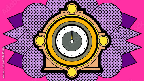 A retro clock with a gray face and gold accents surrounded by a purple dotted pattern on pink background created with generated ai