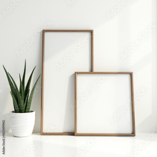 Frame mockup  minimalist composition featuring a blank frame and a potted succulent against a plain background
