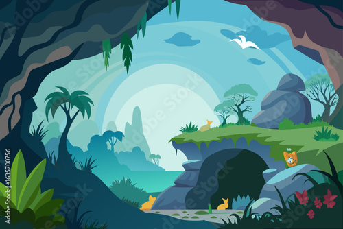 Spring Cave Background With Animal Silhouettes