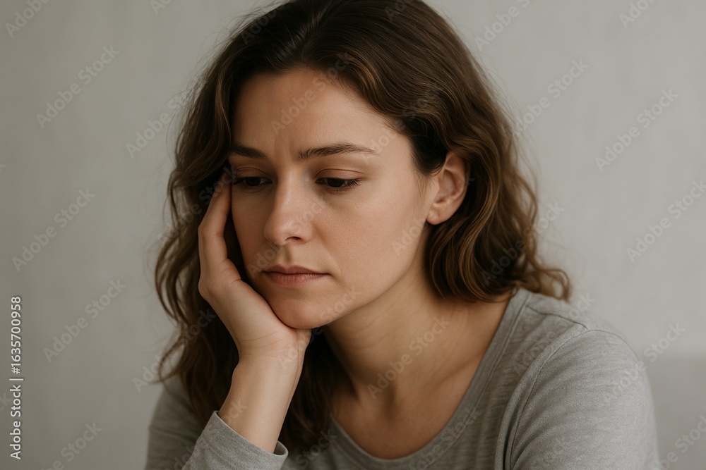 Thoughtful Woman with Concerned Expression Resting Chin on Hand Capturing Moment of Introspection and Emotional Reflection Thoughtful Woman with Concerned Expression Resting Chin on Hand Capturing Moment of Introspection and Emotional Reflection