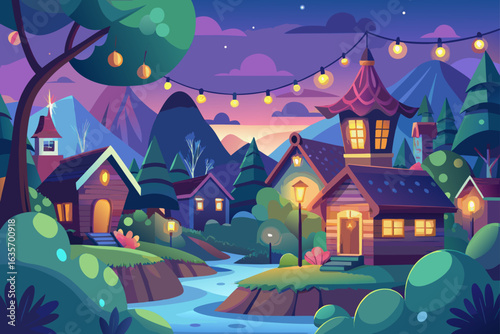 Spring Village Background With Glowing Lights