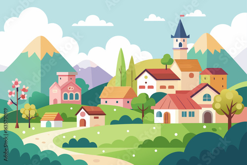 Spring Village Background With Minimal Color Palette