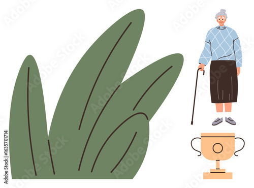 Elderly woman holding a cane standing near a trophy and oversized leaves. Ideal for themes thumbs up achievement, aging, perseverance, success, nature, support, motivation. Simple flat metaphor